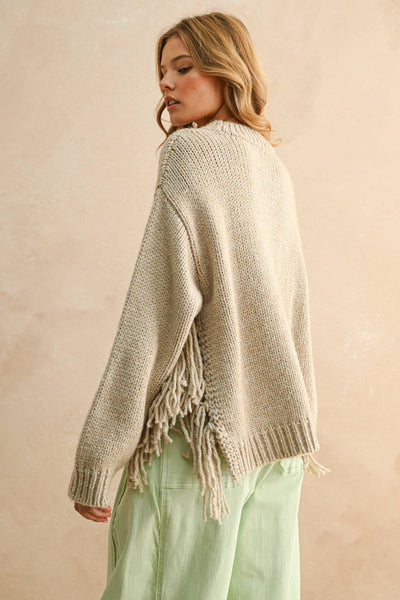 FRINGE ON THE SIDE SWEATER TOP: STONE