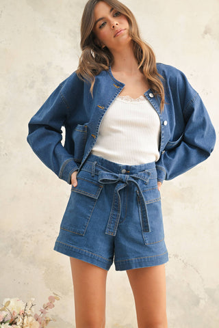 DENIM SHORT WITH SELF BELT: DENIM