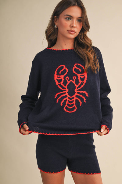 LOBSTER PRINTED KNIT TOP AND SHORTS SET: NAVY/RED