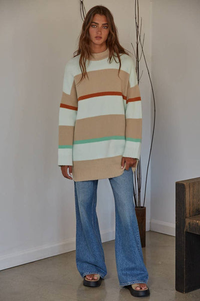 Knit Viscose Polyester Nylon Striped Sweater: Taupe Multi