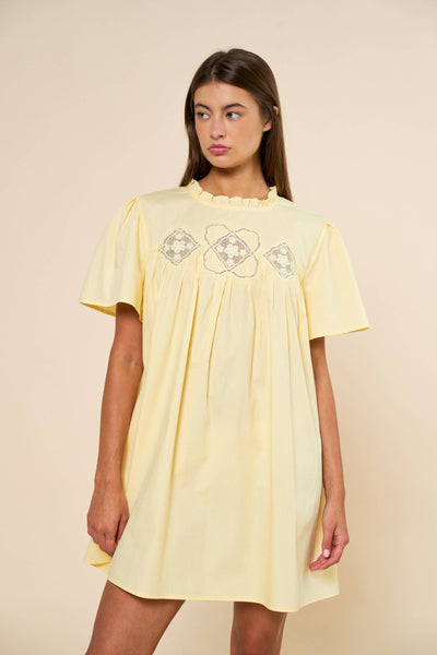 Embroidered Short Sleeve Babydoll Mini Dress: Butter Yellow