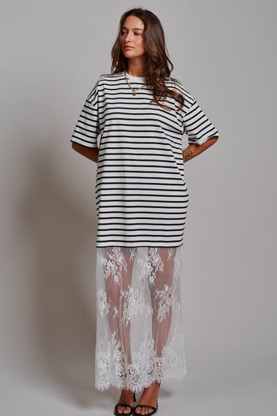 Mixed-Media T-Shirt Dress with Sheer Lace Skirt: Stripe