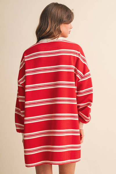 STRIPED LOVE SLEEVE OVERSIZED SWEATSHIRT DRESS: Red