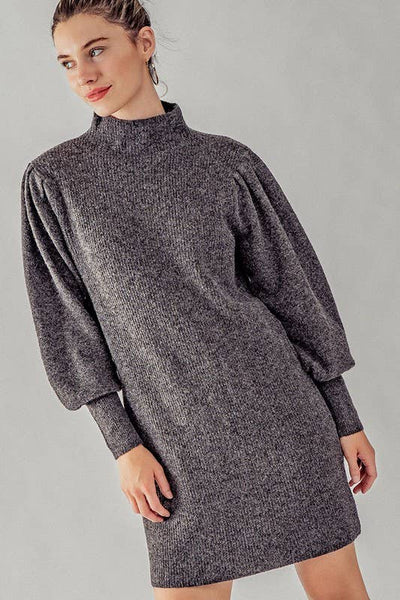 Balloon Sleeve Mock Neck Sweater Dress: HUNTER GREEN / S-2/M-2/L-2