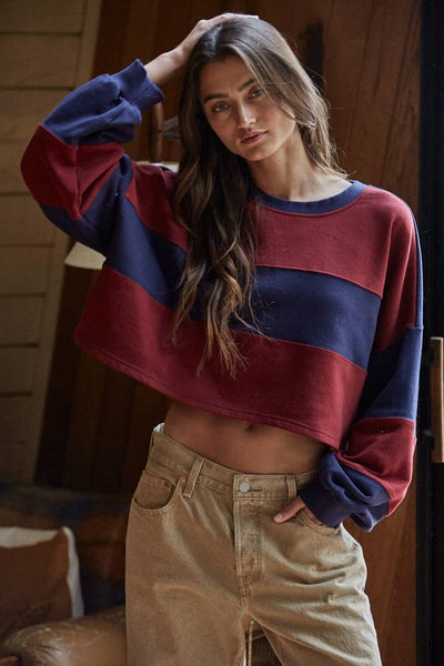 Knit Cotton Striped Cropped Pullover Top: Navy Burgundy