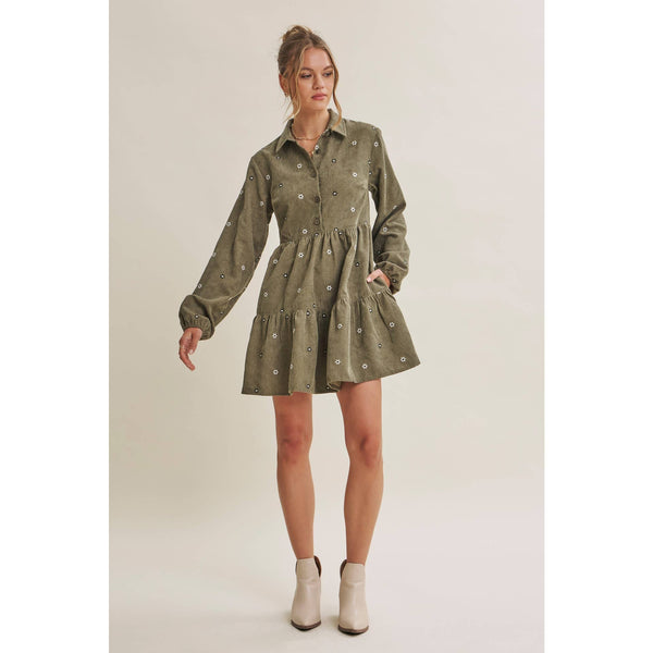 MEADOW MARKET ARTISAN DAISY EMBROIDERED CORDUROY MINI DRESS: OLIVE