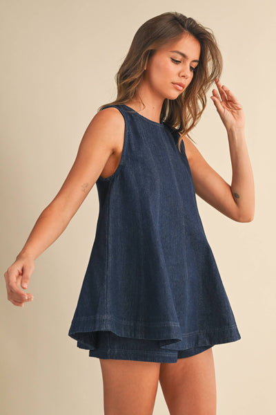 IST6095 DENIM LONGLINE SLEEVELESS TOP AND SHORTS SET: LT DENIM / M
