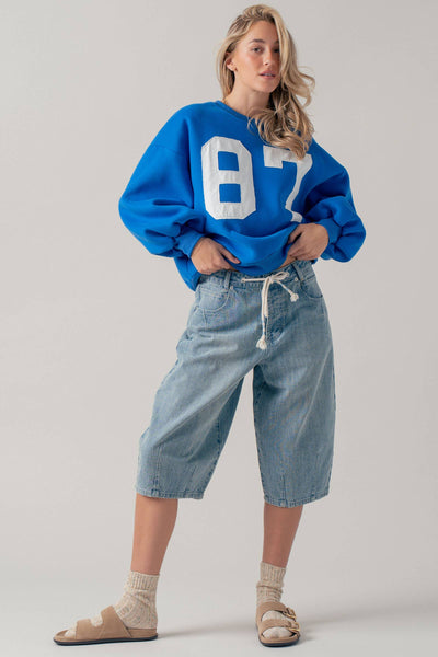 "87" Graphic Balloon Sleeve Oversized Sweatshirt: Blue