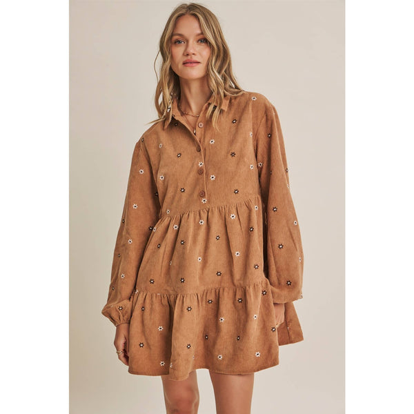 MEADOW MARKET ARTISAN DAISY EMBROIDERED CORDUROY MINI DRESS: OLIVE