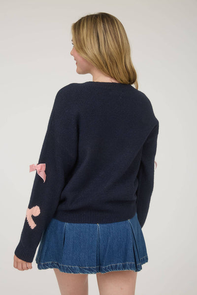 BOW PATTERN LONG SLEEVE KNIT SWEATER: NAVY