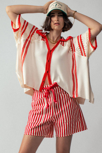 Striped High-Rise Denim Shorts: RED