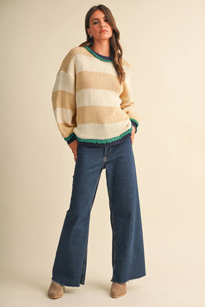 WIDE STRIPED SWEATER TOP: BEIGE MULTI