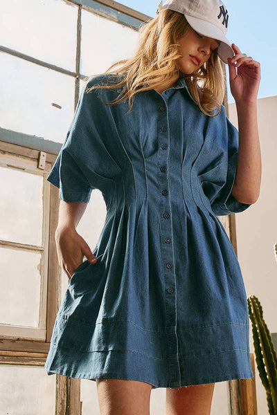 Tailored Waist Short Sleeve Denim Shirtdress: DENIM BLUE / S-M-L:2-2-2