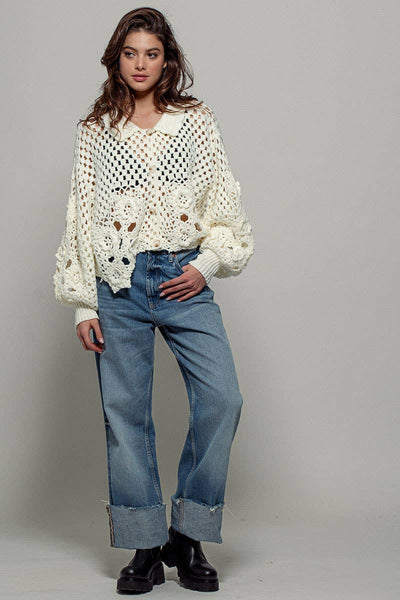 Open Interlaced Floral Long Sleeve Sweater