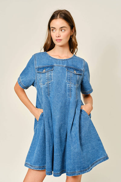 AJD5606 SHORT SLEEVE PLEATED A LINE DENIM DRESS: DENIM / S