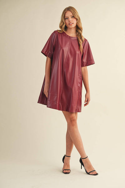 FLARED SHORT SLEEVE SWING MINI DRESS WINE