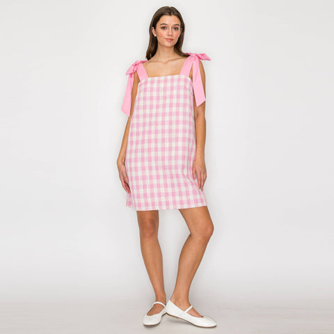 Pink Gingham Plaid Mini Dress with Bow Tie