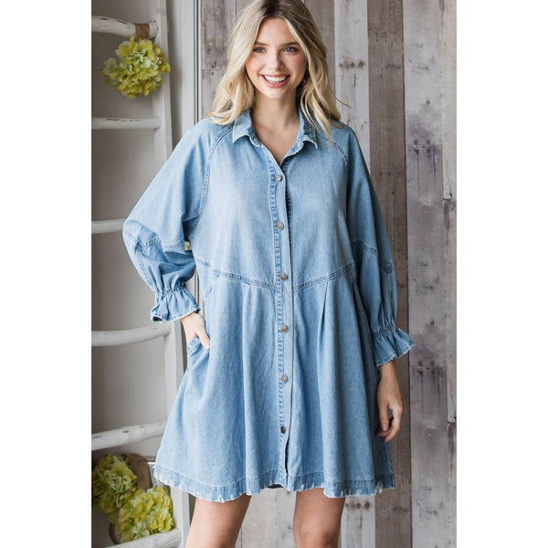 Overfit Button Down Denim Shirt Dress: Black