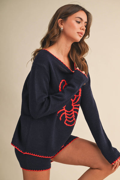 LOBSTER PRINTED KNIT TOP AND SHORTS SET: NAVY/RED