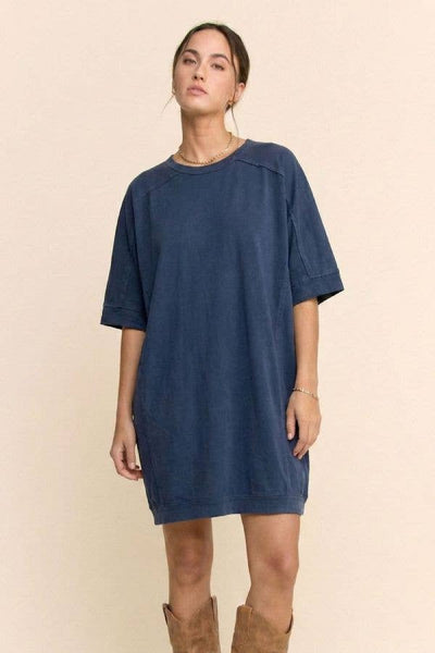 Garment-Dyed Exposed Seam Oversized Tee Dress: Indigo Navy
