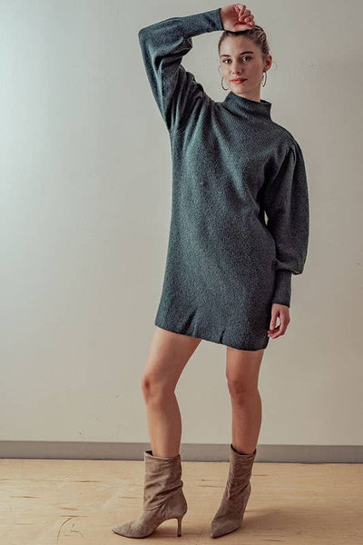Balloon Sleeve Mock Neck Sweater Dress: HUNTER GREEN / S-2/M-2/L-2