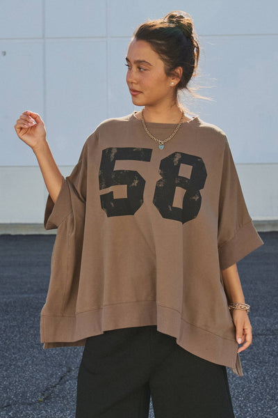 Retro Graphic Oversized French Terry Top: Brown / ONE SIZE