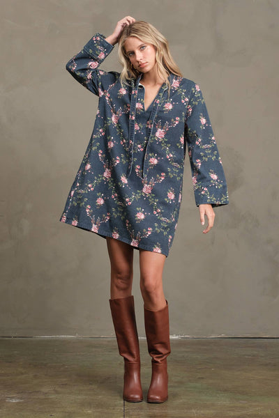 Floral Printed Denim Tunic Mini Dress - RD1201: BLOSSOM BLUE
