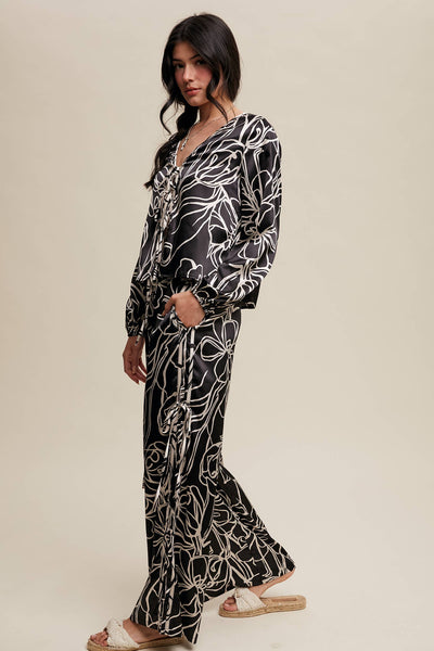 Bold Floral Print Satin Shirt Set