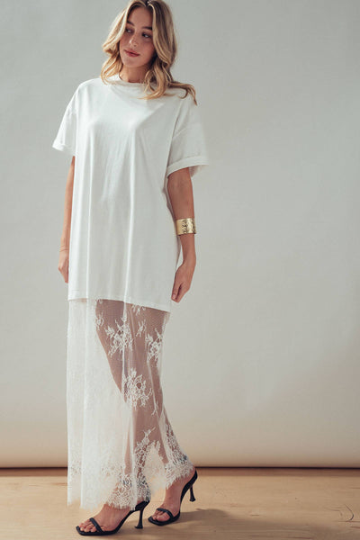 Mixed-Media T-Shirt Dress with Sheer Lace Skirt: White