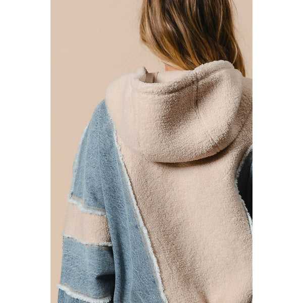 WASHED AND FLEECE MIX AND MATCH ZIP UP HOODIE: DENIM/IVORY