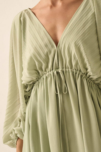 Solid Deep V Neck Chiffon Bishop Sleeve Mini Dress: Margarita /