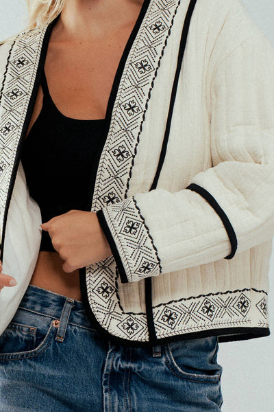 Boho Embroidered Quilted Western Cropped Jacket: BLACK IVORY / S-2/M-2/L-2