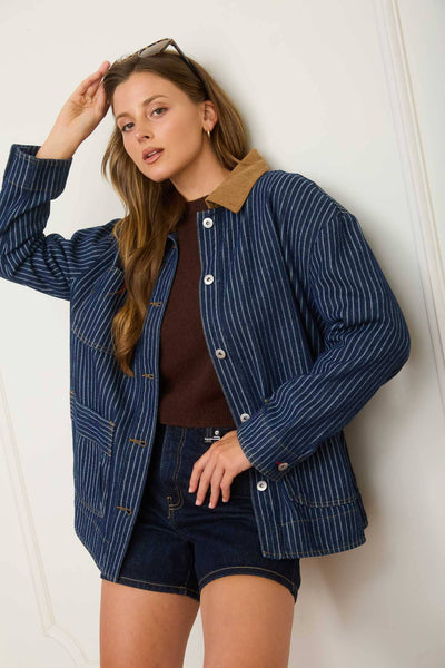 STRIPE CORDUROY COLLAR DENIM SHACKET: INDIGO