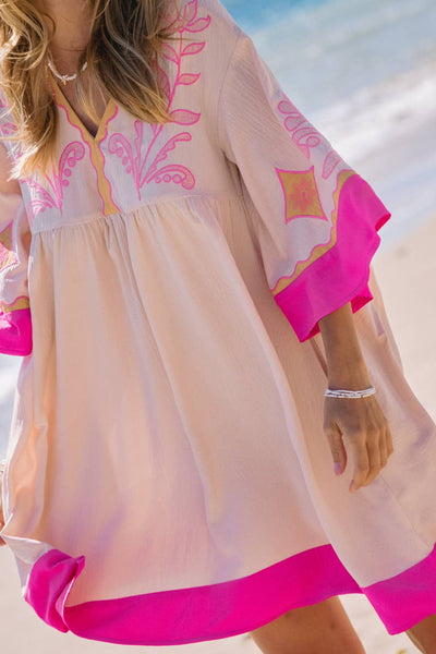 Embroidered Plunge V Neck Mini Dress: Hotpink Combo