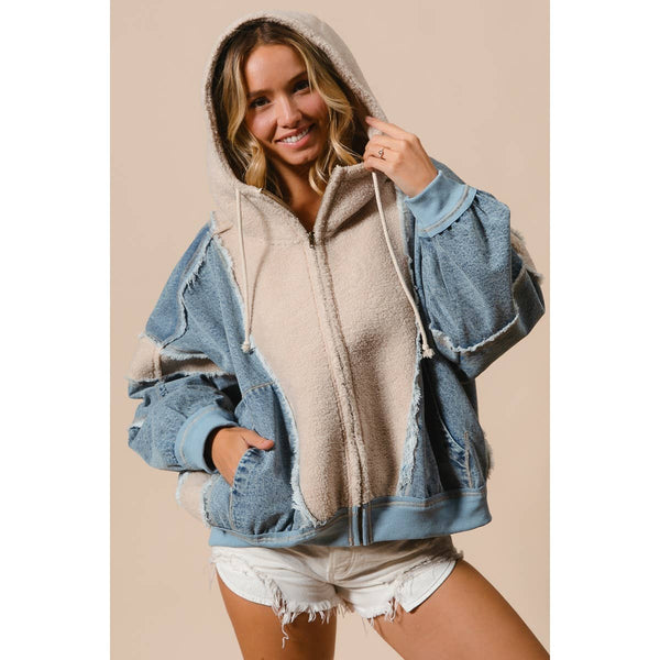 WASHED AND FLEECE MIX AND MATCH ZIP UP HOODIE: DENIM/IVORY