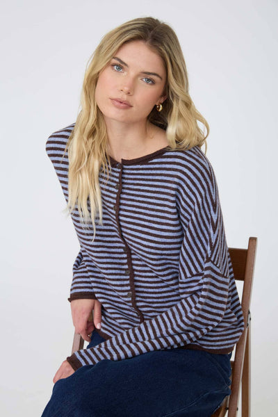 STRIPE RAW EDGE BUTTON DOWN LONG SLEEVE CARDIGAN: DARK BROWN