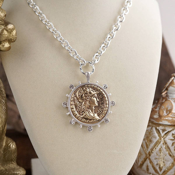 Radiant Relic – Coin Medallion Necklace with Crystal Halo: Gold Tone
