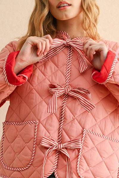 TIE FRONT QUILT JACKET: PINK