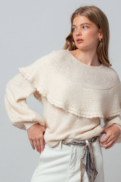 Ruffle Yoke Blouson Sleeve Knit Sweater: NATURAL
