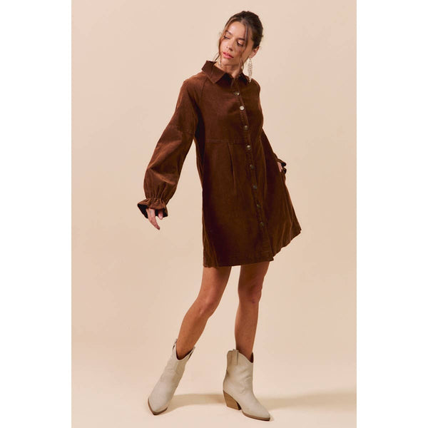 WASHED CORDUROY BUTTON DOWN SHIRT MINI DRESS: BROWN