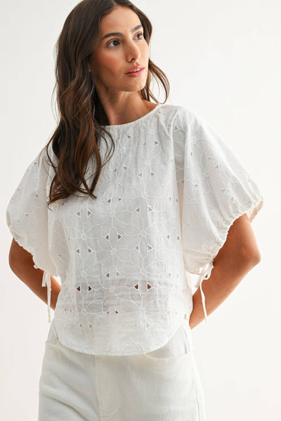 CJT26751 Embroidered White Cotton Blouse: OFF WHITE / S-M-L (3-2-1)