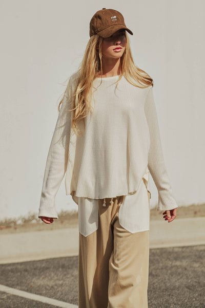 Oversized Waffle Knit High-Low Tunic Top: IVORY / S-M-L:2-2-2