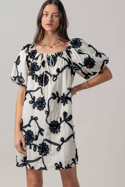 Floral Embroidery Off-Shoulder Puff Sleeve Mini Dres: IVORY / S-2/M-2/L-2