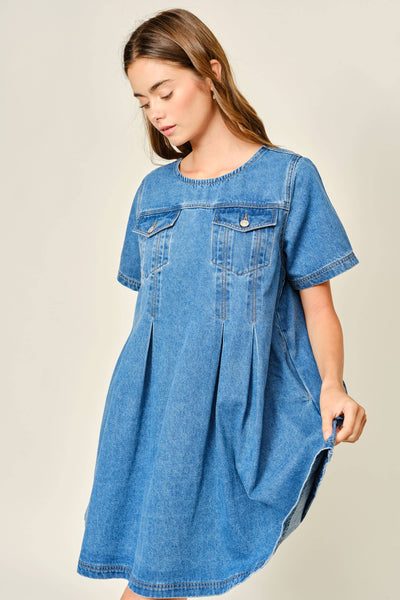 AJD5606 SHORT SLEEVE PLEATED A LINE DENIM DRESS: DENIM / S