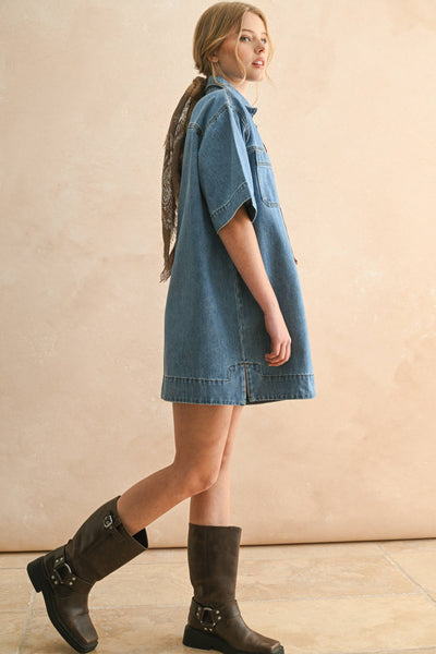 SUEDE LACE UP DENIM SHIRT DRESS: DENIM