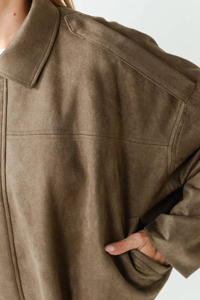 MOJAVE SUEDE-FINISH ZIP-FRONT JACKET: TRUFLE