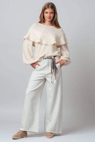 Ruffle Yoke Blouson Sleeve Knit Sweater: NATURAL