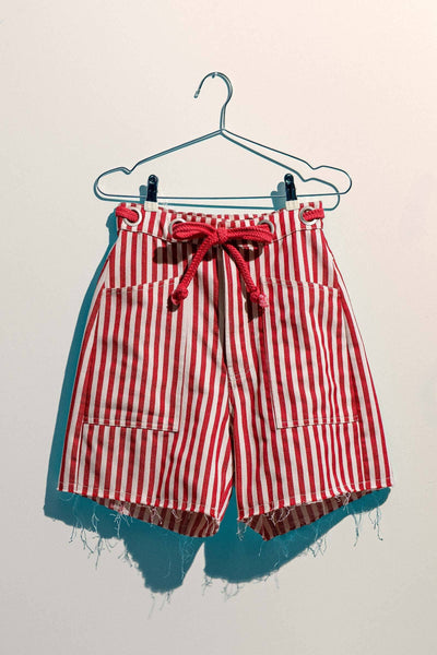 Striped High-Rise Denim Shorts: RED