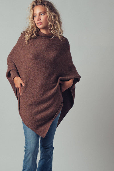 Shimmer Asymmetric Hem Knit Poncho: Brown