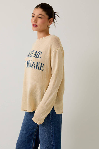 ROUND NECK "MEET ME AT THE LAKE" LT WEIGHT SWEATER: CREAM-BLUE